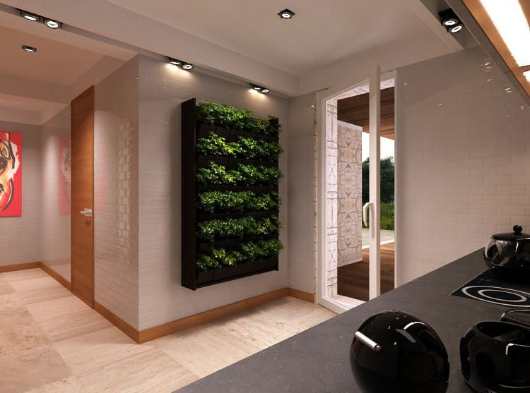 Открытое помещение кухни в светлых тонах. Выполнено вертикальное озеленение стены. 
http://a-partment.kiev.ua