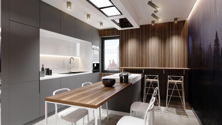 Кухня в смешанном стиле от "HOOGO design" Выполнена с использованием натуральных отделочных материалов для создания атмосферы уюта.
