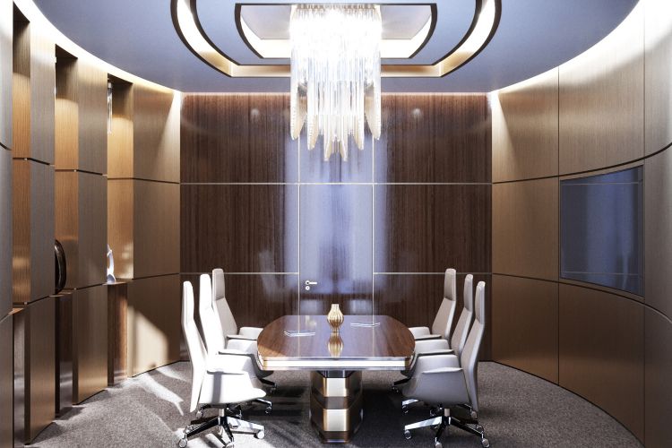 Шпонированное дерево в оформлении переговорной комнаты - дизайн офиса в стиле модерн