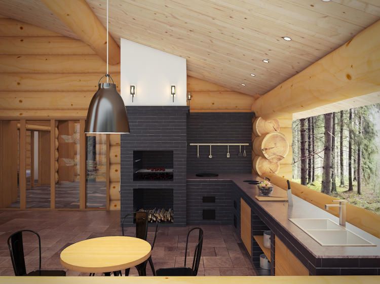 Кухня в стиле шале с панорамным окном на всю ширину стены. Камин выложен из огнеупорного кирпича.
http://a-partmentdesign.com.ua