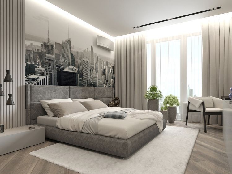 Стильный дизайн интерьера спальни в сером цвете
