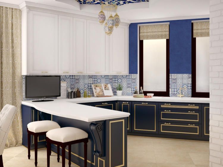 Кухня по эскизу дизайнера отличается по стилю от остального интерьера - это классика с элементами Востока. 