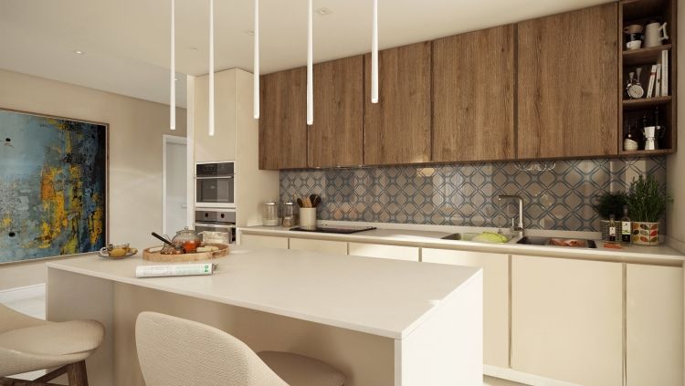 Дизайн интерьера кухни в бежевом и коричневом цвете - стиль контемпорари