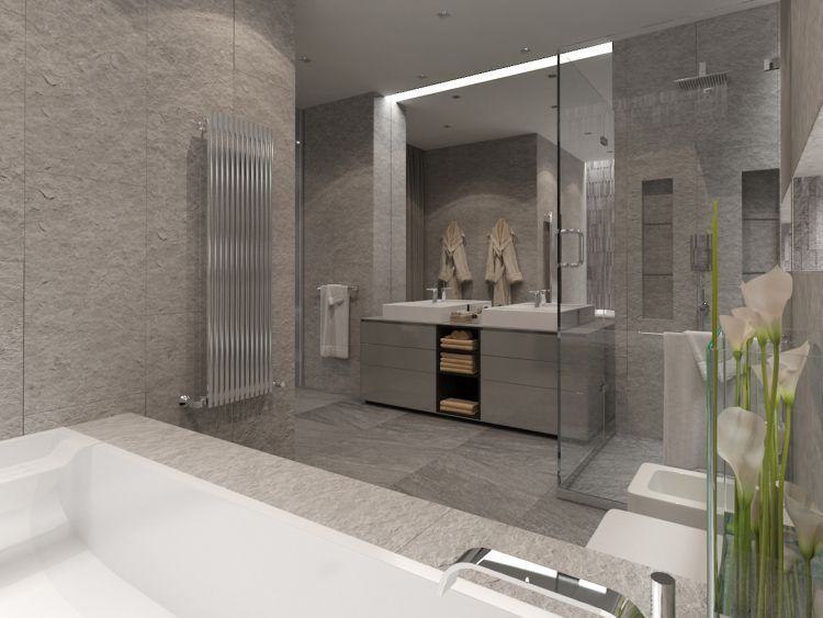 Дизайн ванной комнаты с душевой кабиной в стиле минимализм