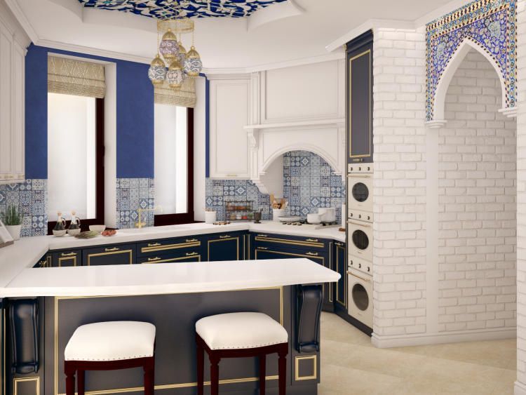 Оформление кухни в арабском стиле (стены, освещение, потолок), в то время как мебель - классическая