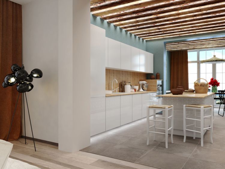 Белая гостиная-кухня в скандинавском стиле с деревянными балками на потолке