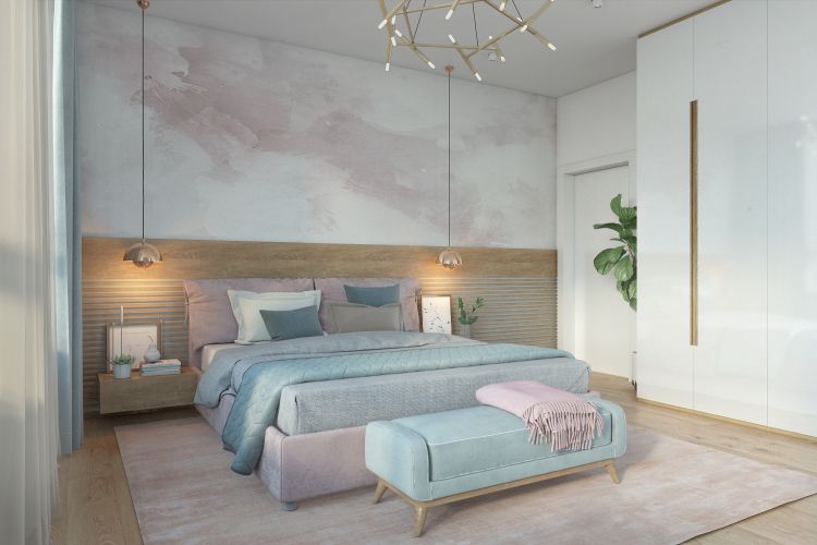 Красивая спальня для хозяев в нежных розовых и голубых тонах