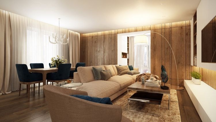 Дизайн интерьера гостиной в натуральных цветах  с деревянной отделкой