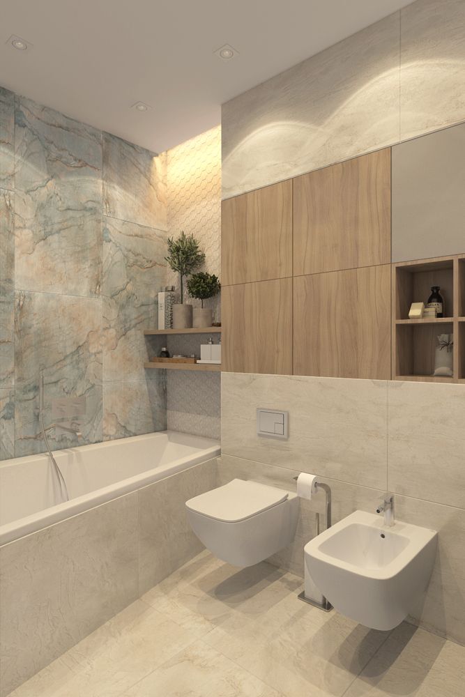 Дизайн ванной для хозяев в современном стиле с натуральным камнем