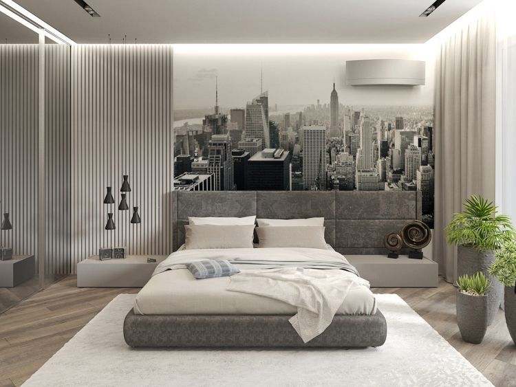 Дизайн интерьера спальни в сером цвете в стиле минимализм