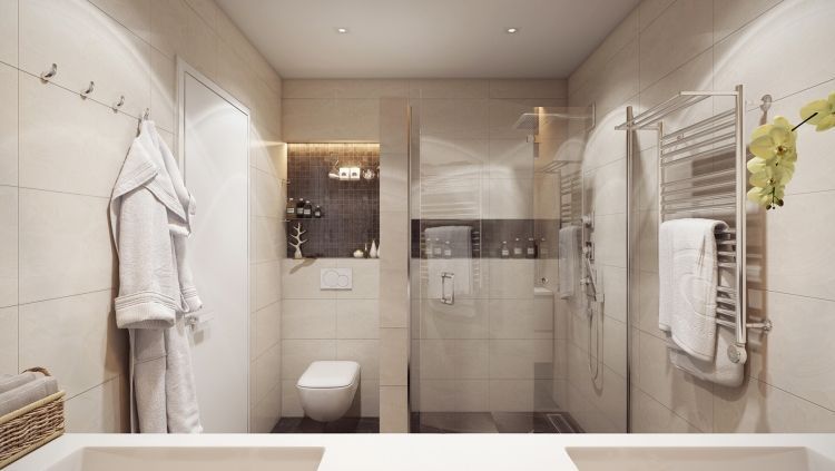 Идеи дизайна ванной с прозрачной душевой кабиной в пастельных тонах