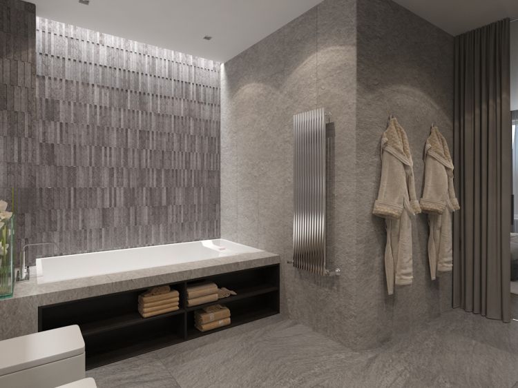 Минималистический дизайн ванной комнаты в сером цвете
