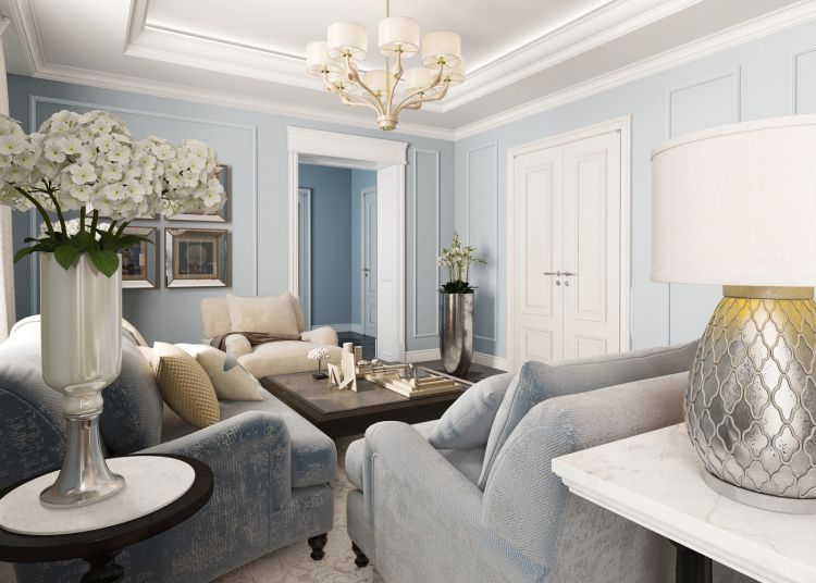 Дизайн интерьера гостиной в голубом цвете в классическом стиле