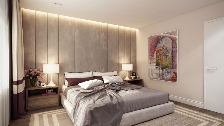 Красивый дизайн интерьера спальни для родителей в стиле контемпорари