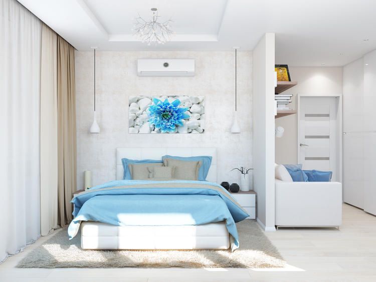 Интерьер спальни в минималистическом стиле. Панно над кроватью, потолочные светильники на тросах дополняют законченность интерьера.
http://tzaitseva.com/
