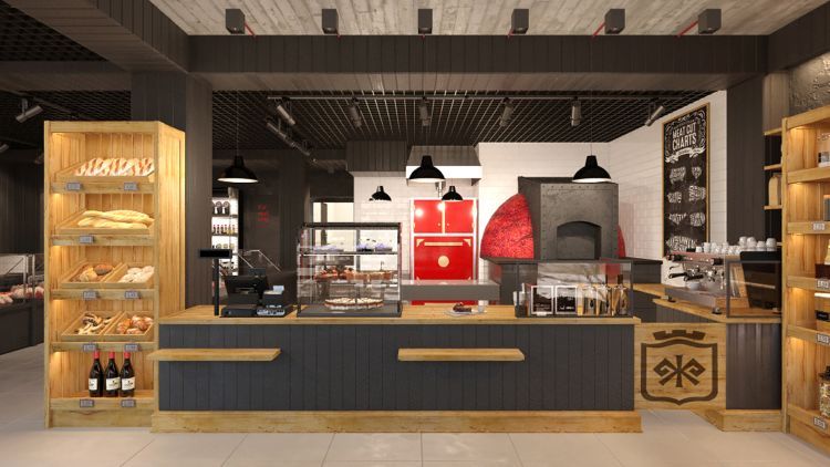 Дизайн интерьера мясного магазина в черном и красном цвете
