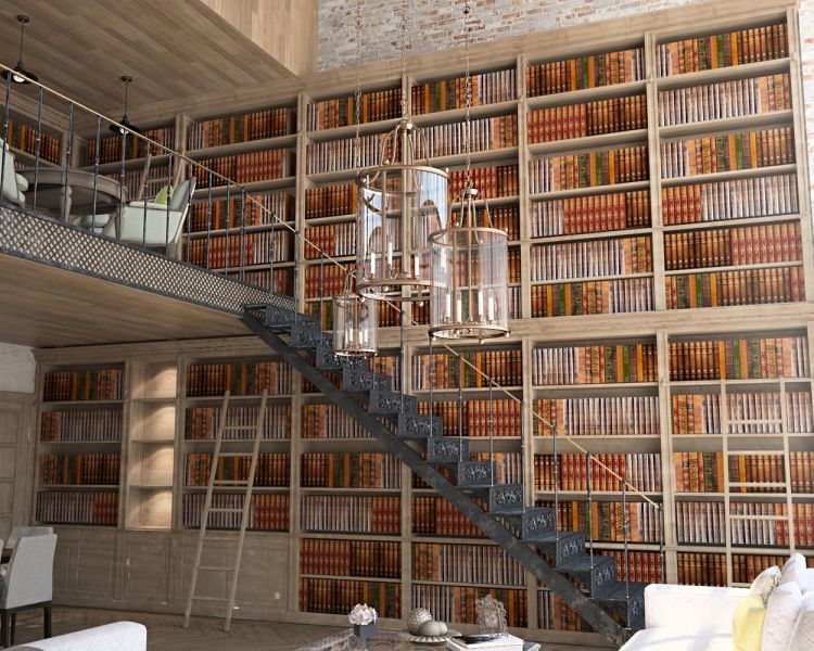 Комната для отдыха с библиотекой – стиль кантри,совмещённый с лофтом